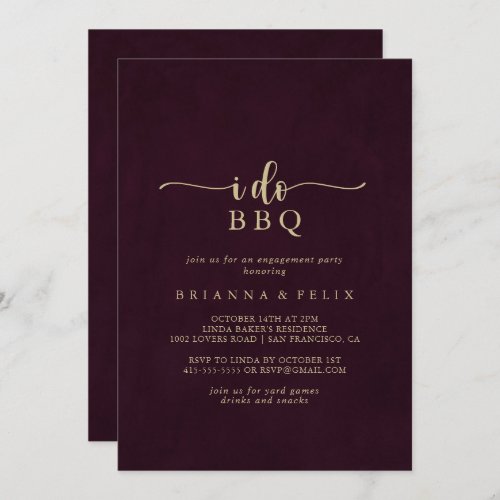 Gold Burgundy I Do BBQ Engagement Party Invitation