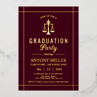 Gold burgundy law school graduation Class Of 2026  Foil Invitation