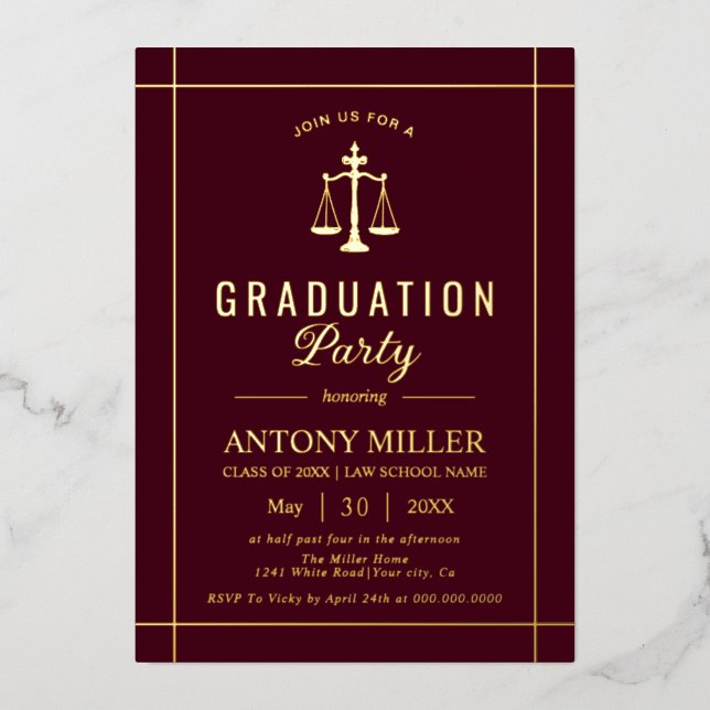 Gold burgundy law school graduation Class Of 2026  Foil Invitation (Front)