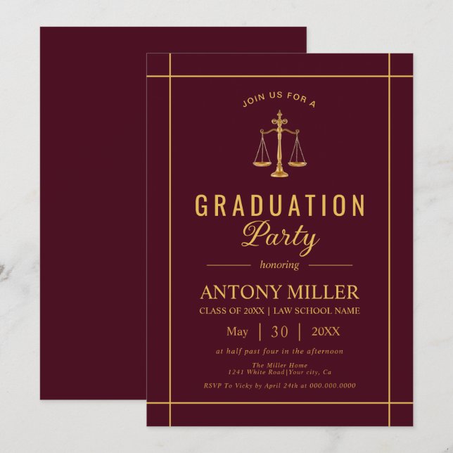 Gold burgundy Law school graduation Class Of 2026  Invitation (Front/Back)