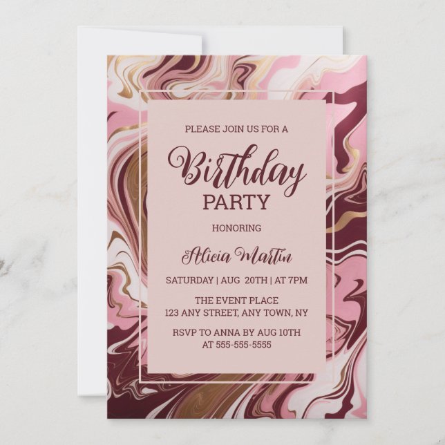 Gold Burgundy Marble Fluid Pink Birthday Party Invitation (Front)