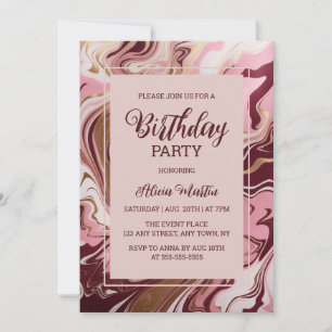 Gold Burgundy Marble Fluid Pink Birthday Party Invitation