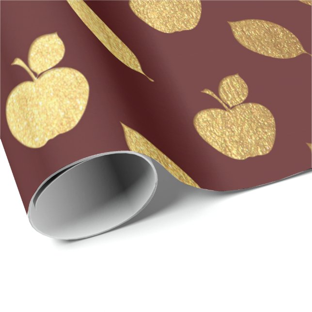 Gold Burgundy Maroon  Metallic Apple Fruits Foil Wrapping Paper (Roll Corner)