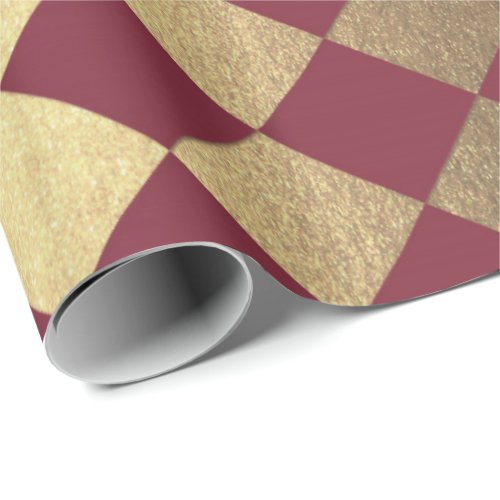 Gold Burgundy Maroon  Metallic Square Chessboard Wrapping Paper