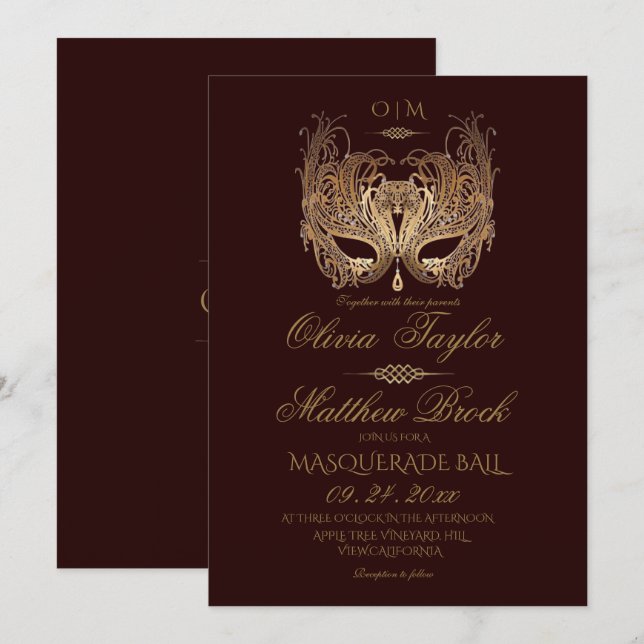Gold Burgundy Masquerade Wedding  Invitation (Front/Back)