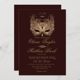Gold Burgundy Masquerade Wedding Invitation