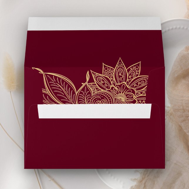 Gold Burgundy Mehendi Henna Indian Wedding Envelope (Creator Uploaded)