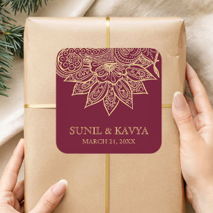 Gold Burgundy Mehendi Henna Indian Wedding Favor Square Sticker