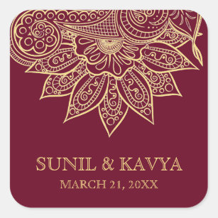 Gold Burgundy Mehendi Henna Indian Wedding Favor Square Sticker