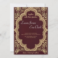 Gold Burgundy Mehendi Henna Indian Wedding Invitat