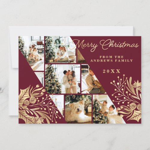 Gold Burgundy Merry Christmas Floral Photo Collage Holiday Card