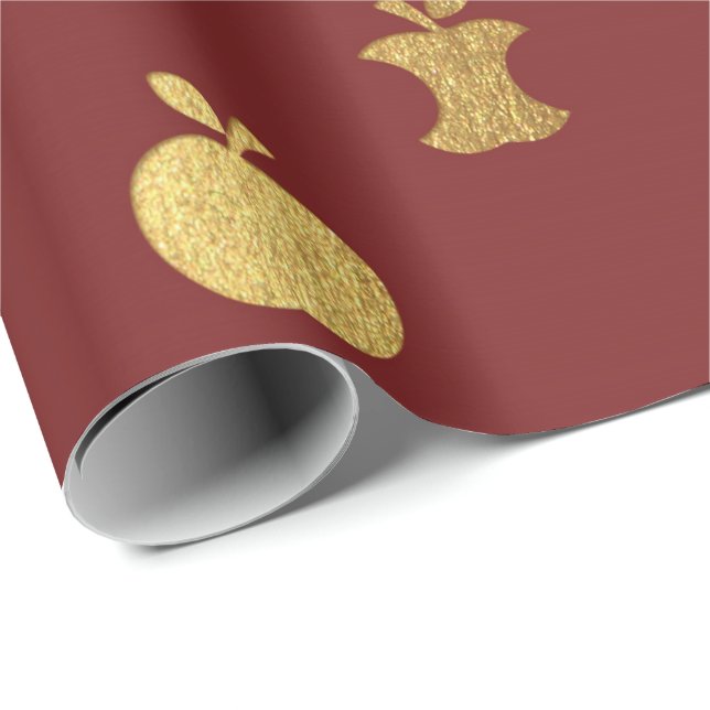 Gold Burgundy Metallic Apple Fruit Crimson Scrap Wrapping Paper (Roll Corner)