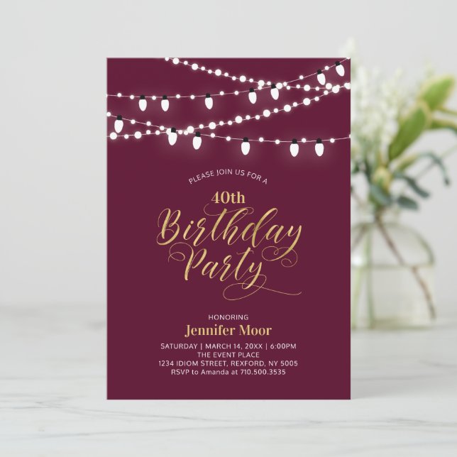 Gold & Burgundy Modern 40th Adult Birthday Party Invitation (Standing Front)