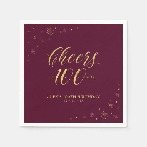 Gold  Burgundy Modern Cheers 100th Birthday Party Napkins