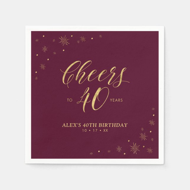 Gold & Burgundy Modern Cheers 40th Birthday Party Napkins (Front)