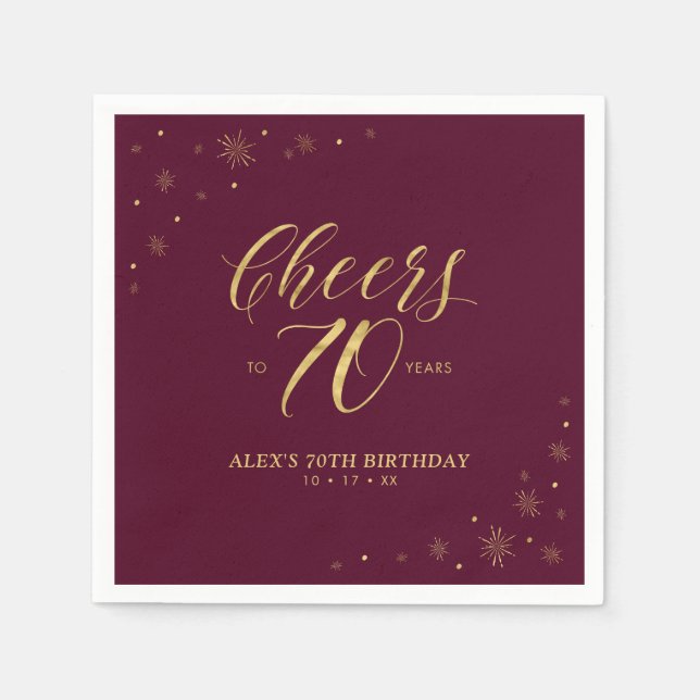 Gold & Burgundy Modern Cheers 70th Birthday Party Napkins (Front)