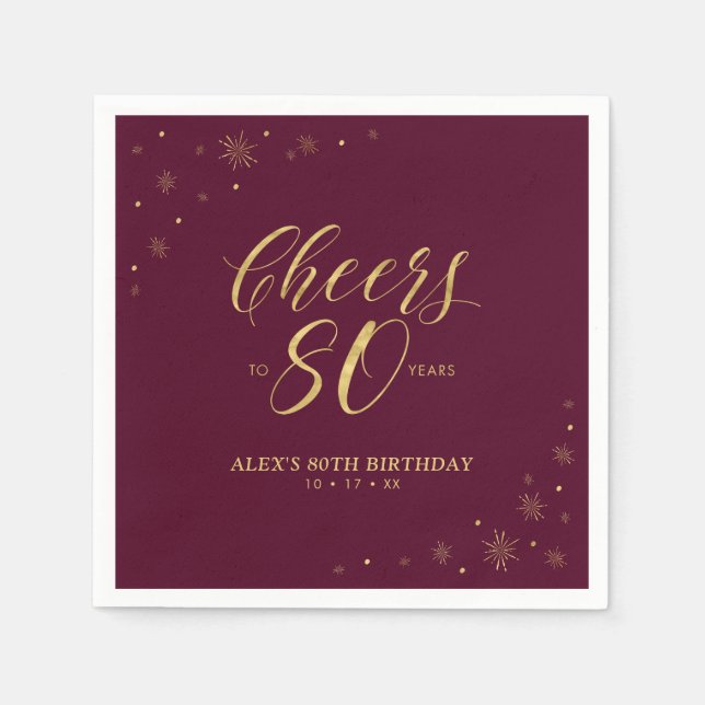 Gold & Burgundy Modern Cheers 80th Birthday Party Napkins (Front)