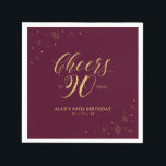 Gold & Burgundy Modern Cheers 90th Birthday Party Napkins<br><div class="desc">This custom paper napkin will add stylish detail to your special day. This design features sparkle graphics and typography " Cheers to 90 years" in gold foil texture on a burgundy red background. Perfect for a modern gold theme 90th birthday party. Matching invitations and stationeries are available in my shop...</div>