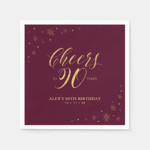 Gold & Burgundy Modern Cheers 90th Birthday Party Napkins