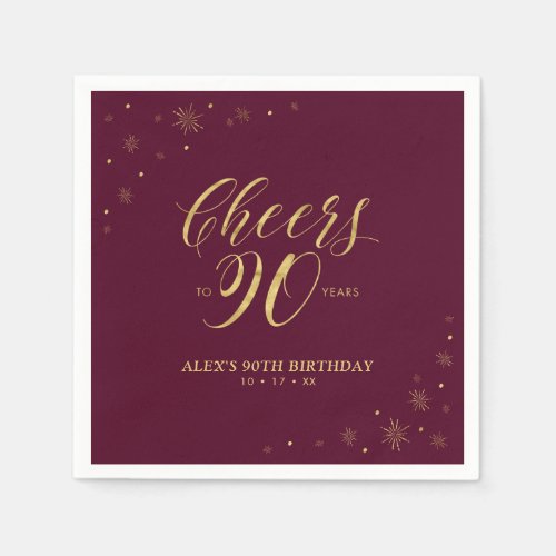 Gold  Burgundy Modern Cheers 90th Birthday Party Napkins