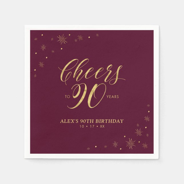 Gold & Burgundy Modern Cheers 90th Birthday Party Napkins (Front)