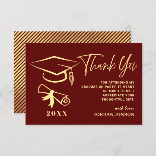 Gold Burgundy Modern Graduation Party Thank You Card