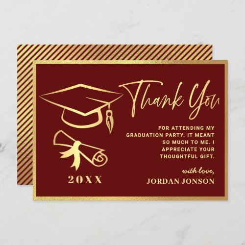 Gold Burgundy Modern Graduation Party Thank You Card - Gold Burgundy Modern Graduation Thank You Card.
For further customization, please click the "Customize" link and use our  tool to design this template. 
If you need help or matching items, please contact me.