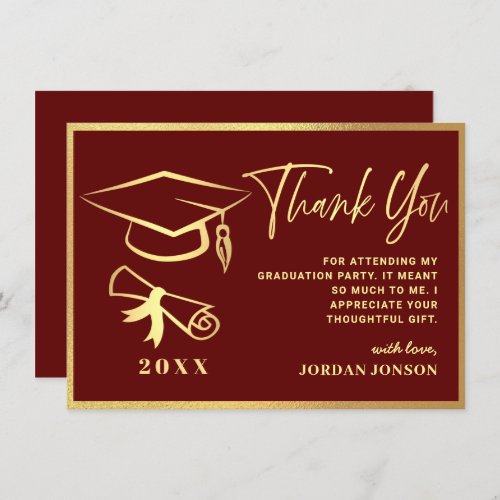 Gold Burgundy Modern Graduation Party Thank You Card - Gold Burgundy Modern Graduation Thank You Card.
For further customization, please click the "Customize" link and use our  tool to design this template. 
If you need help or matching items, please contact me.