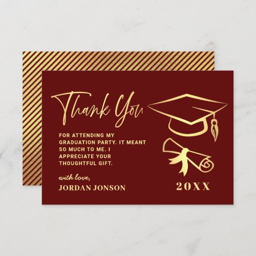 Gold Burgundy Modern Graduation Party Thank You Card