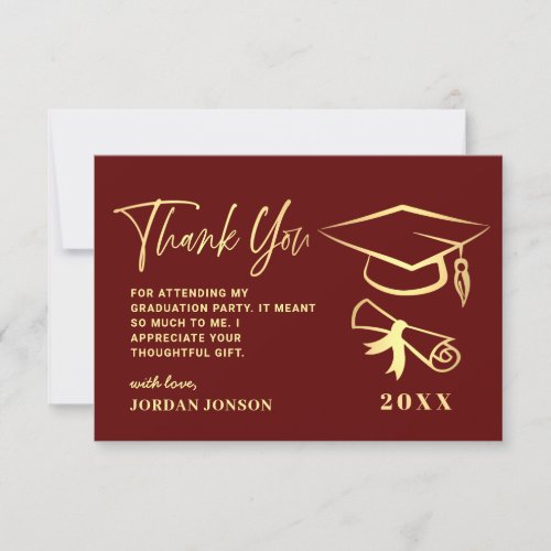 Gold Burgundy Modern Graduation Party Thank You Card