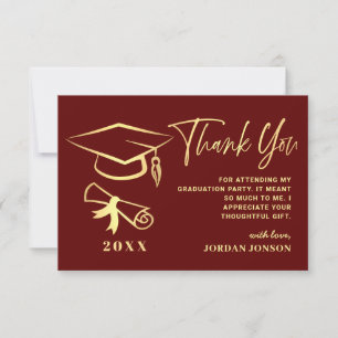 Gold Burgundy Modern Graduation Party Thank You Card