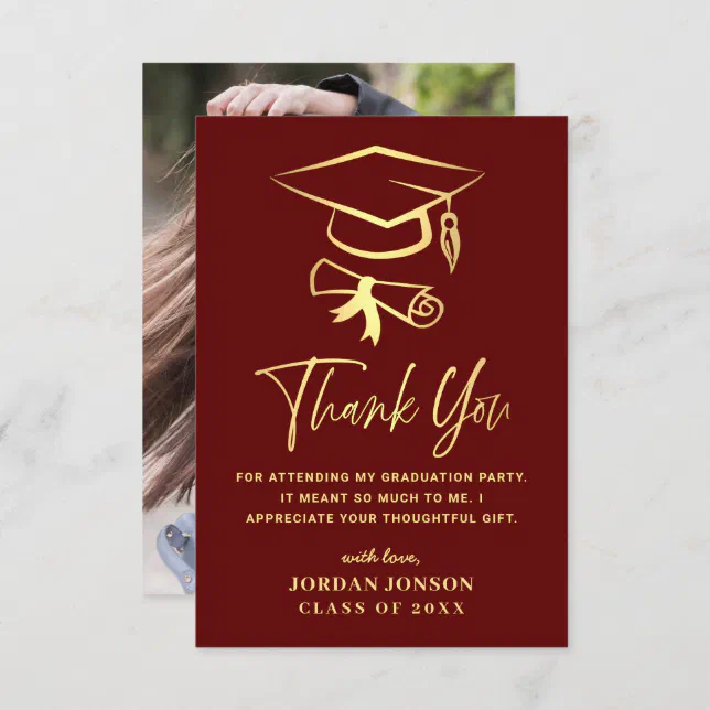 Gold Burgundy Modern Graduation PHOTO Thank You Card | Zazzle