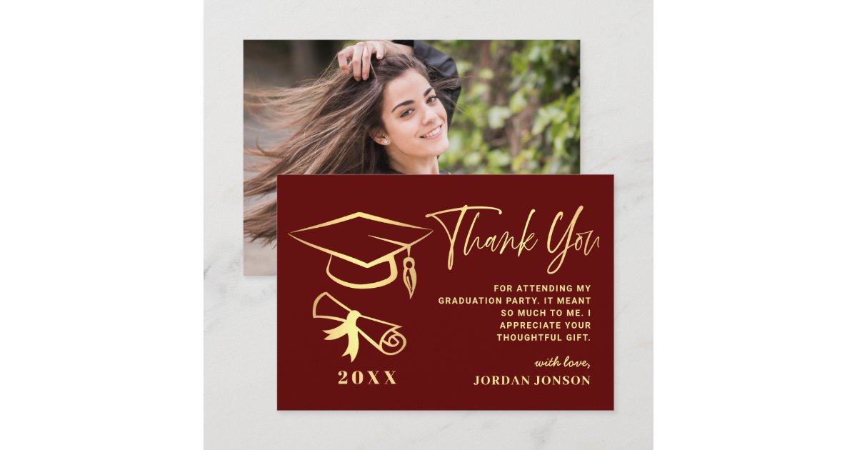 Gold Burgundy Modern Graduation PHOTO Thank You Card | Zazzle