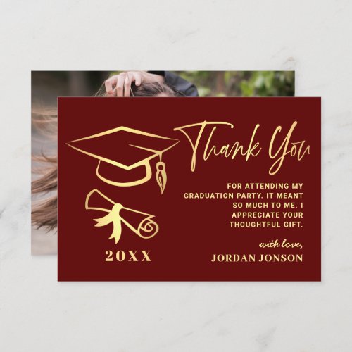 Gold Burgundy Modern Graduation PHOTO Thank You Card