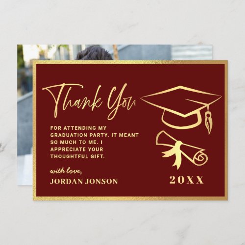 Gold Burgundy Modern Graduation PHOTO Thank You Card - Gold Burgundy Modern Graduation Thank You Card.
For further customization, please click the "Customize" link and use our  tool to design this template. 
If you need help or matching items, please contact me.