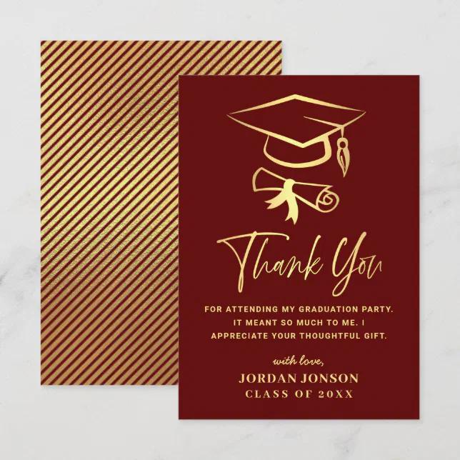 Gold Burgundy Modern Graduation Thank You Card | Zazzle