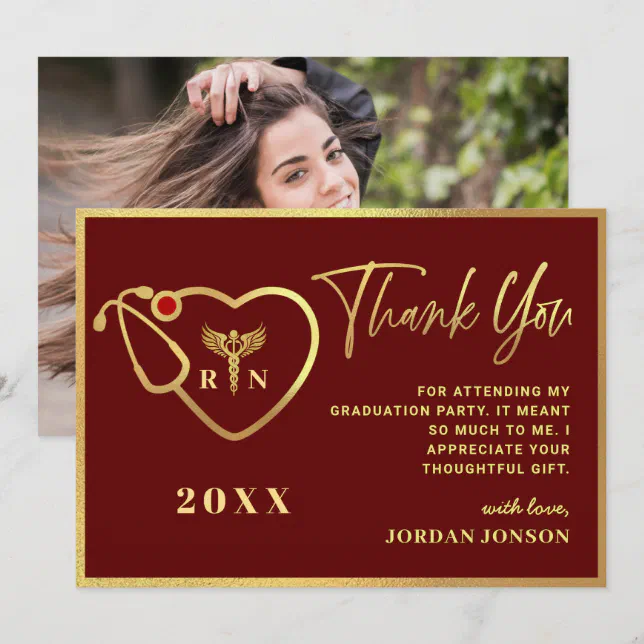 Gold Burgundy Modern Nursing School Graduation Thank You Card | Zazzle