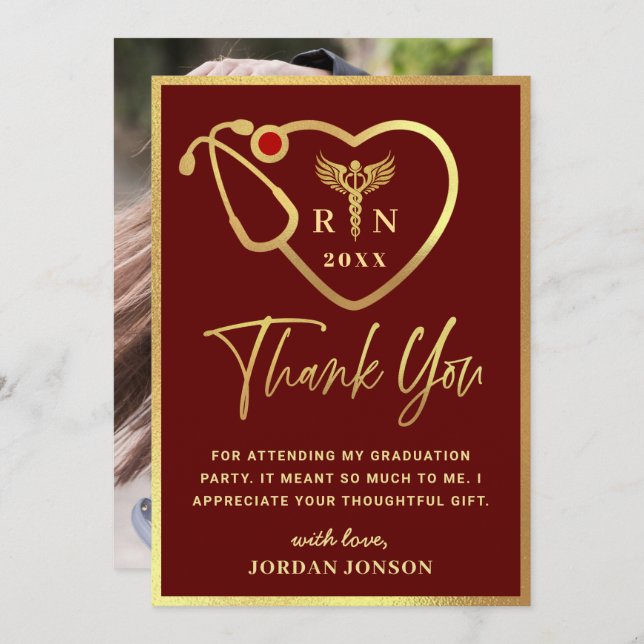 Gold Burgundy Modern Nursing School Graduation Thank You Card (Front/Back)