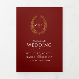 Gold burgundy monogram wreath dedication wedding Tri-Fold program