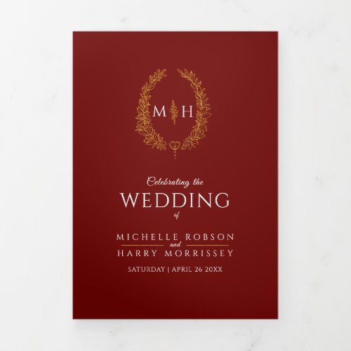 Gold burgundy monogram wreath dedication wedding Tri_Fold program