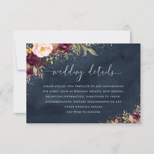 Gold Burgundy Navy Floral Wedding Details Card