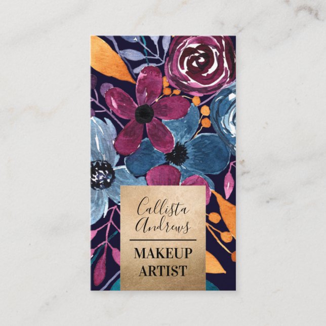Gold Burgundy Navy Mustard Watercolor Flowers Business Card (Front)