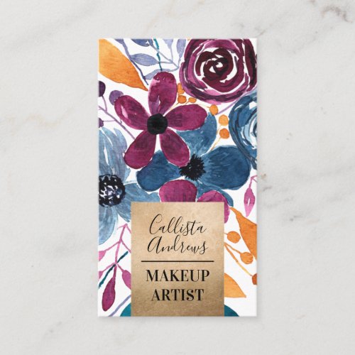 Gold Burgundy Navy Mustard Watercolor Flowers Business Card
