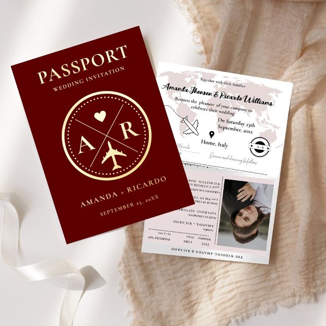 GOLD & Burgundy  Passport Photo Wedding Invitation (Creator Uploaded)