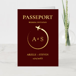 Gold burgundy Passport Wedding Invitation 