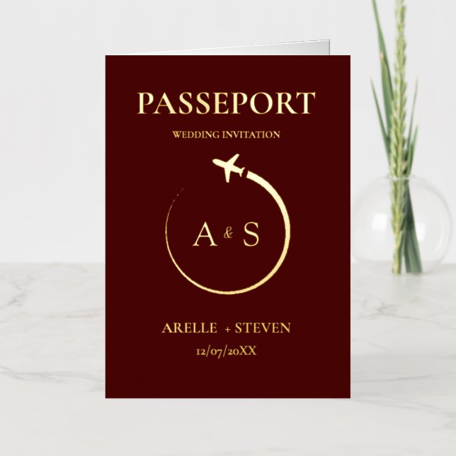 Gold burgundy Passport Wedding Invitation  (Front)