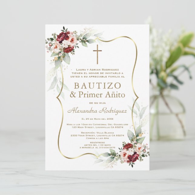 Gold Burgundy Peach Flowers 1st Birthday Baptism  Invitation (Standing Front)