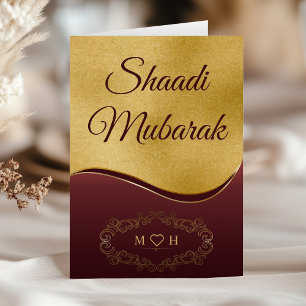 Gold Burgundy Personalized Monogram Shaadi Mubarak Card