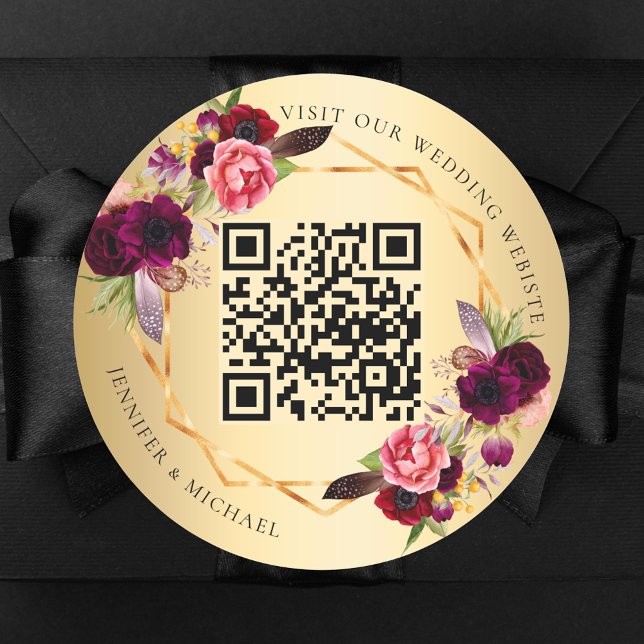 Gold burgundy pink florals geometric QR wedding Classic Round Sticker (Creator Uploaded)