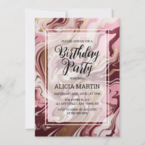 Gold Burgundy Pink Marble Fluid Birthday Party Invitation